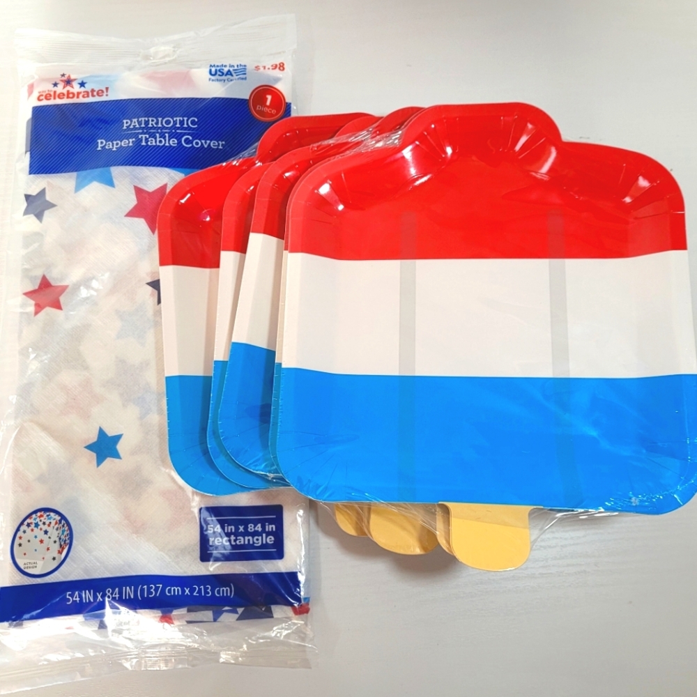6 Packs Patriotic Popsicle-Shaped Paper Plates (8Ct) with Bonus Paper Tablecloth